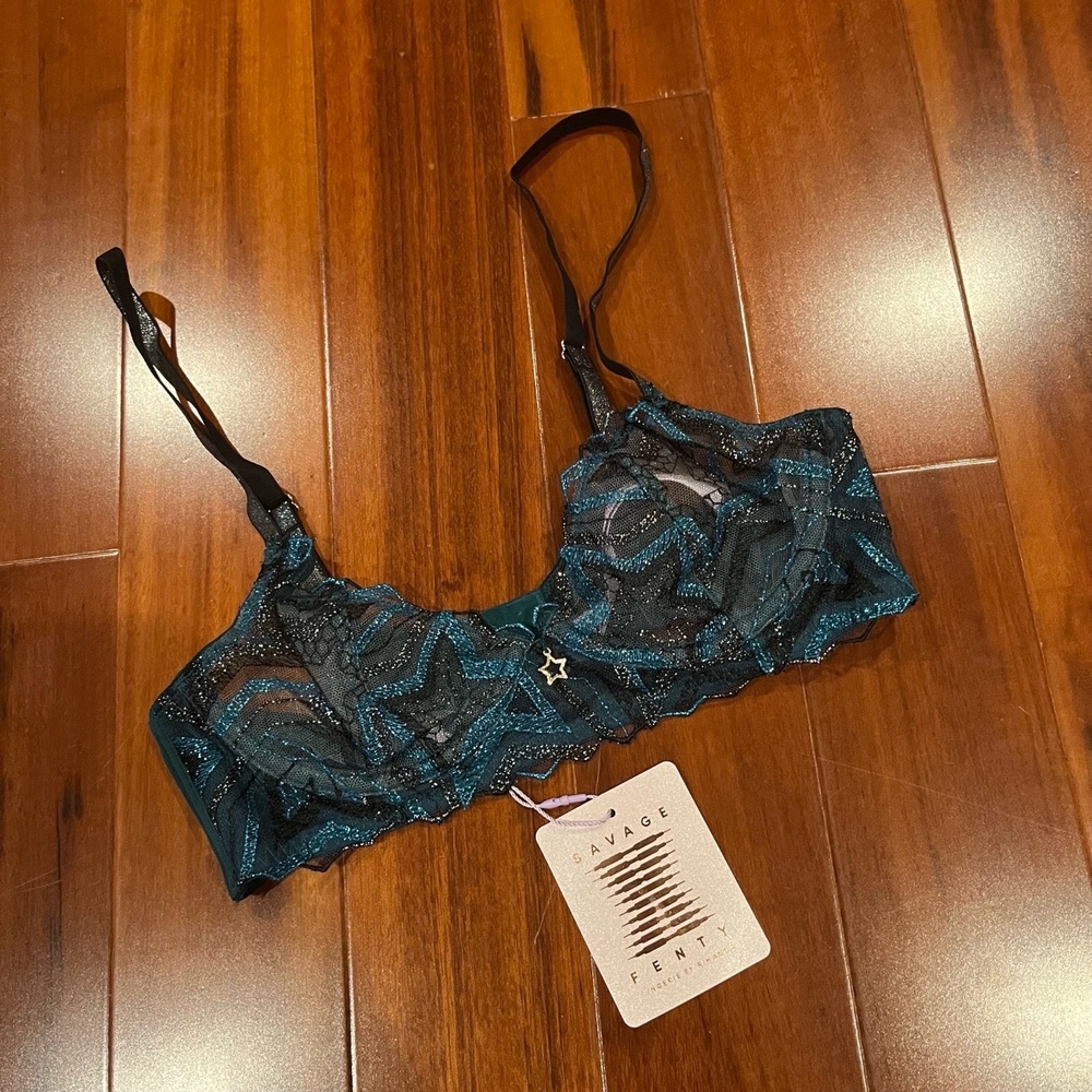 New NWT‎ Savage x Fenty Dark Green Glitter Star Mesh Intimates Lingerie Bra 32B